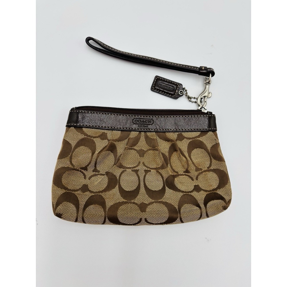 Coach Signature C Canvas‎ Wristlet Brown Khaki Small Zip Pouch Clutch Wallet